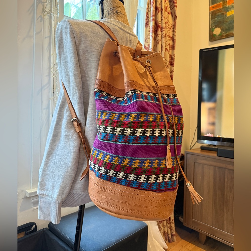 LARGE BACKPACK HAND WOVEN WOOL KILIM TOOLED LEATHER VINTAGE SLING PURSE TOTE BAG